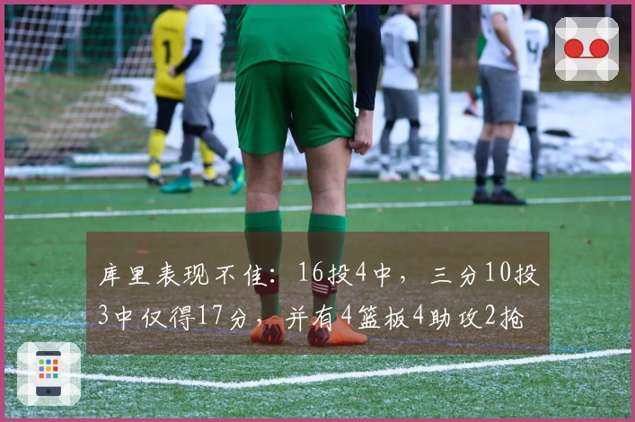 库里表现不佳：16投4中，三分10投3中仅得17分，并有4篮板4助攻2抢断，正负值-13